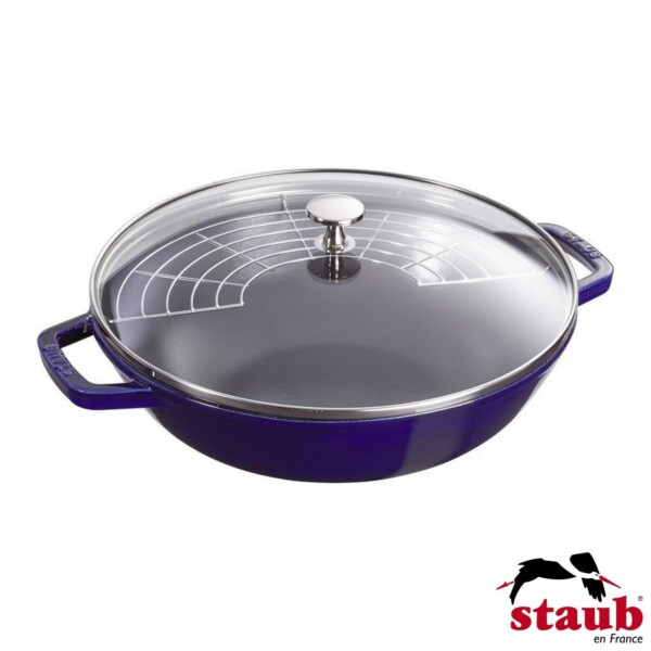 Wok com Tampa de Vidro 30cm Azul Marinho Staub Specialties de Ferro Fundido